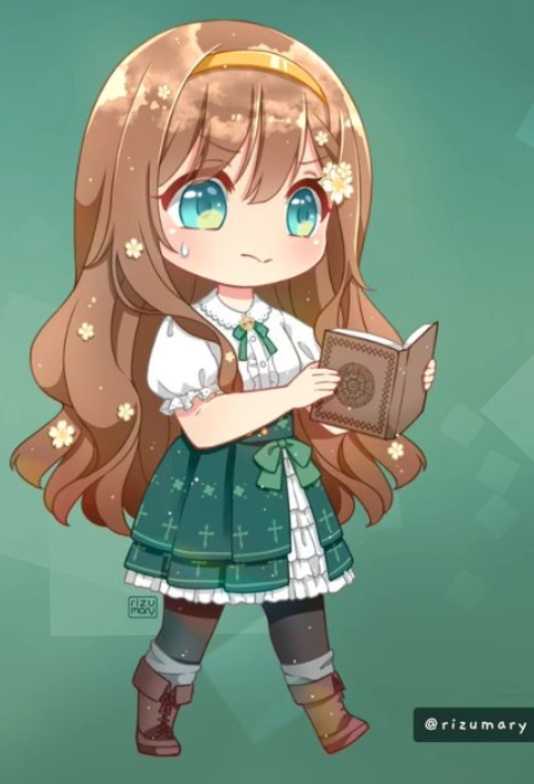 Honna attempting to decypher a book from the library. Honna has stated most of the books are not in a language she understands.