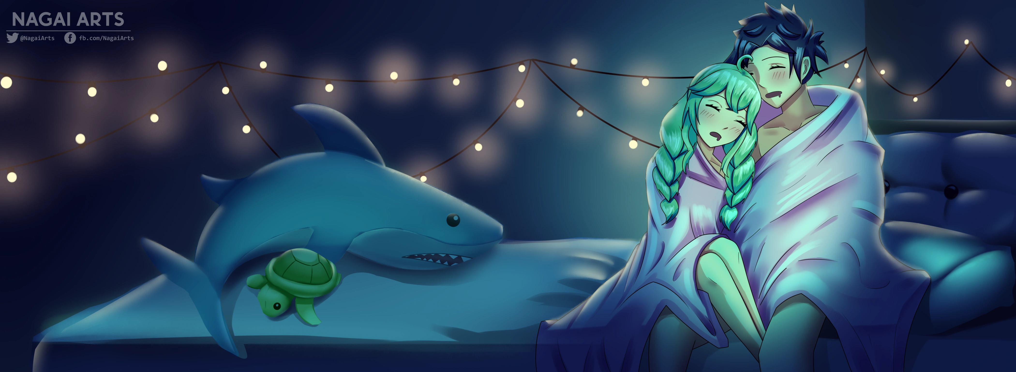Commissioned artwork of Verudemi and Misaki in Bed at Night