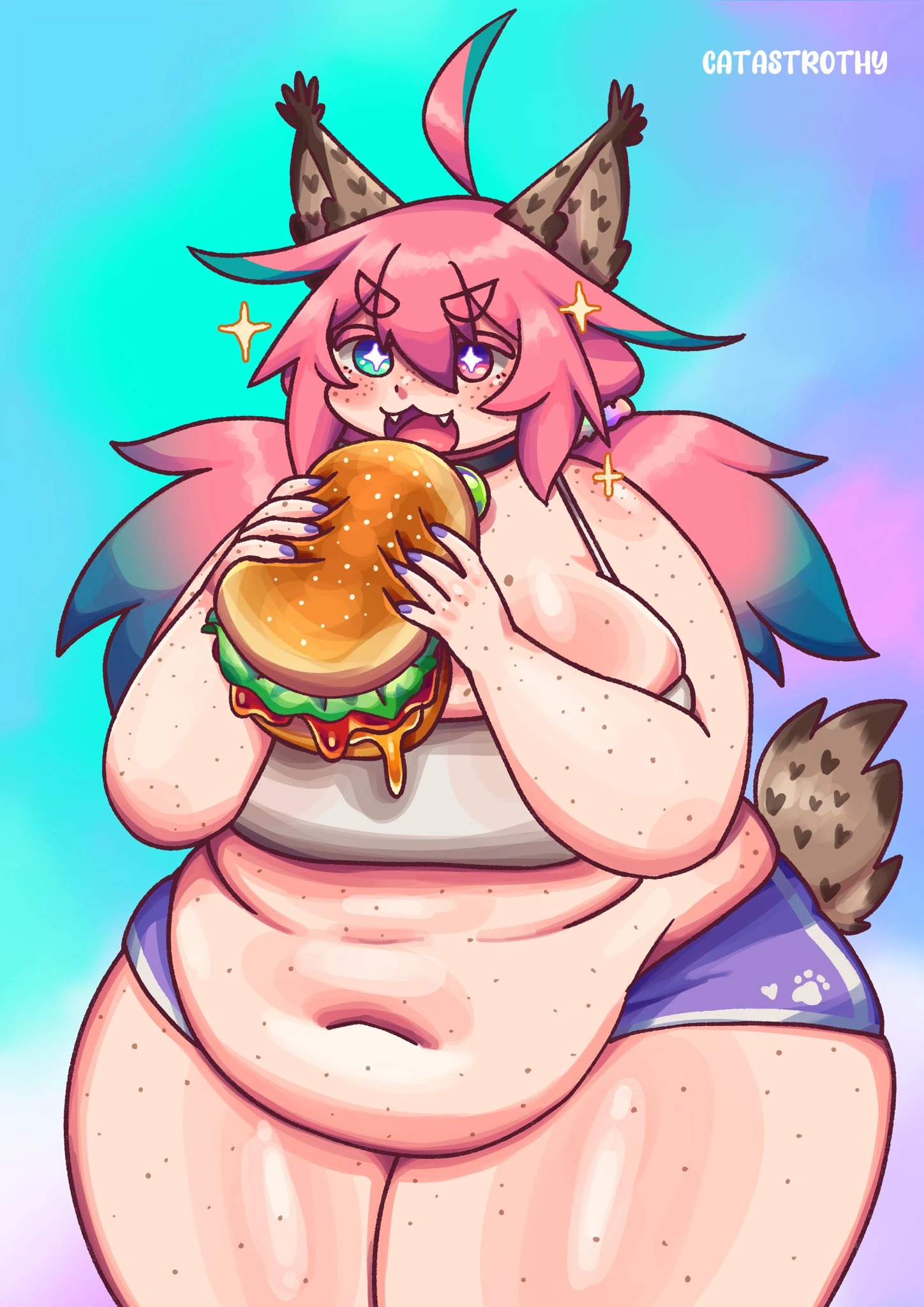 Cyan eating a burger
