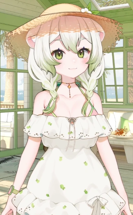 Straw hat, summer dress, and twin braids