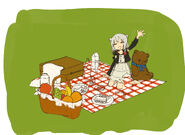 Drawing of Beatani waving her hand while sitting on a picnic