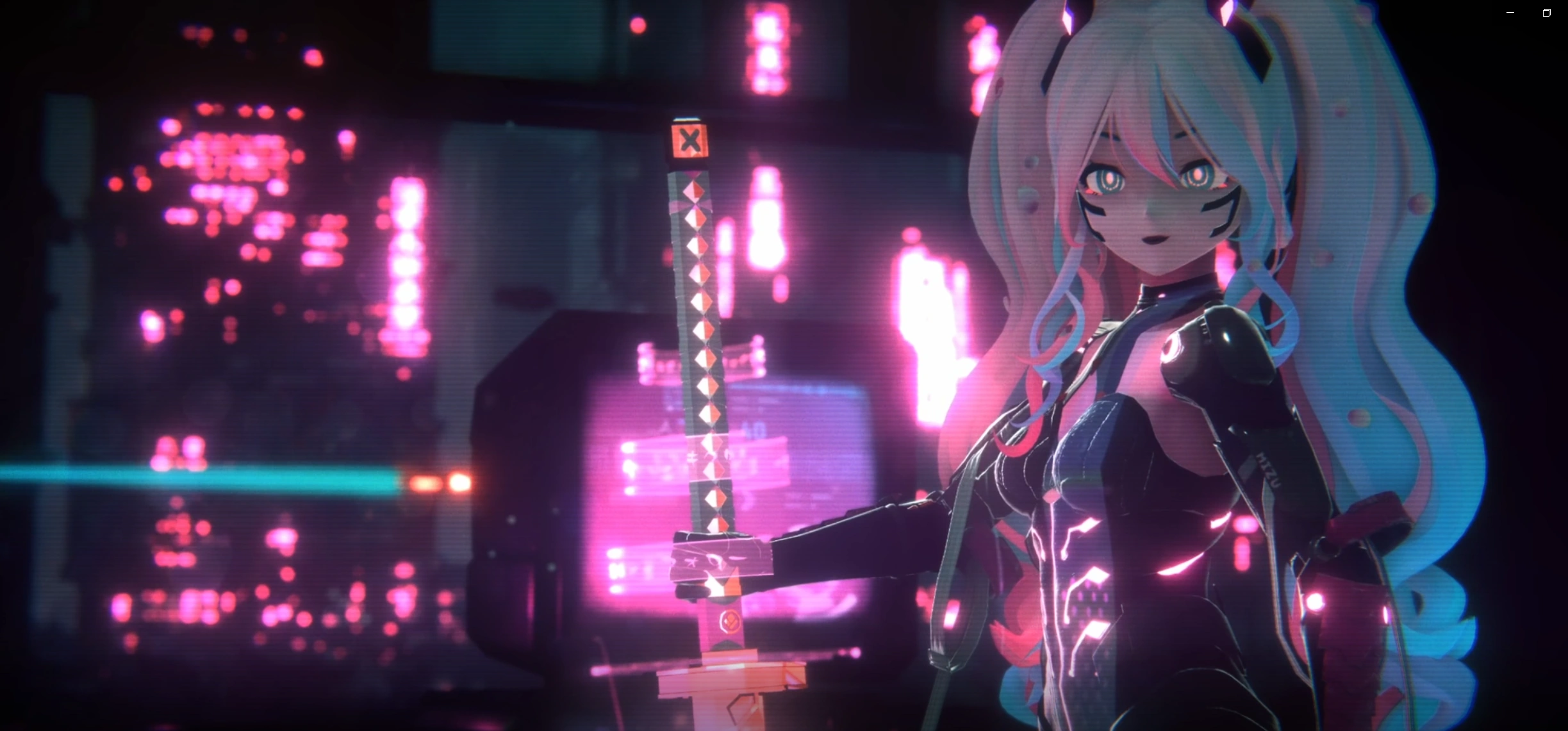 Mizu's Cyber Yoto outfit in a cybercity