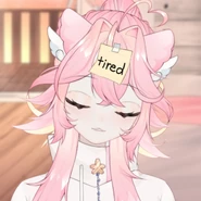 Tired Mel with a sticky note