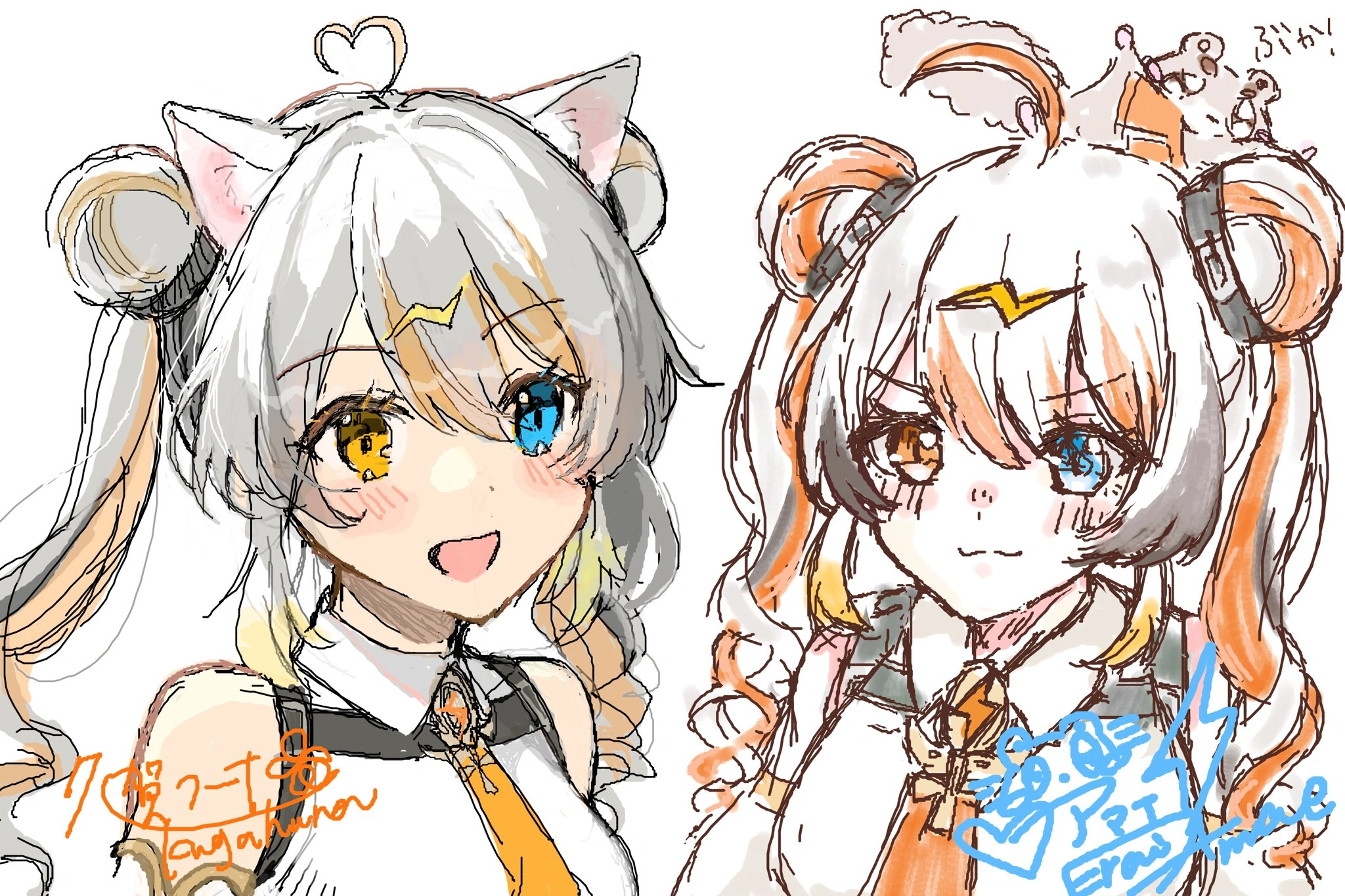 Erai Amae on the left done by Kuga Huna, Amae character designer<br>Erai Amae on the right done by Amae herself