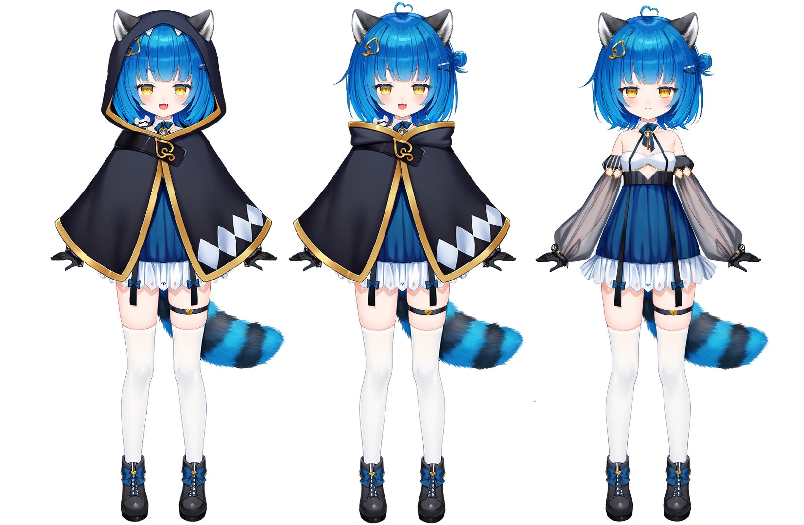 Poko Rakun reference with cloak, hood up, down, and off