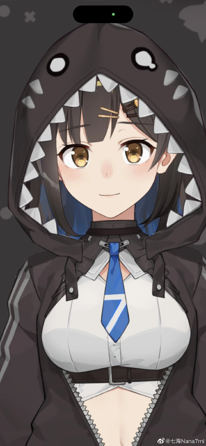 With hoodie, black hair