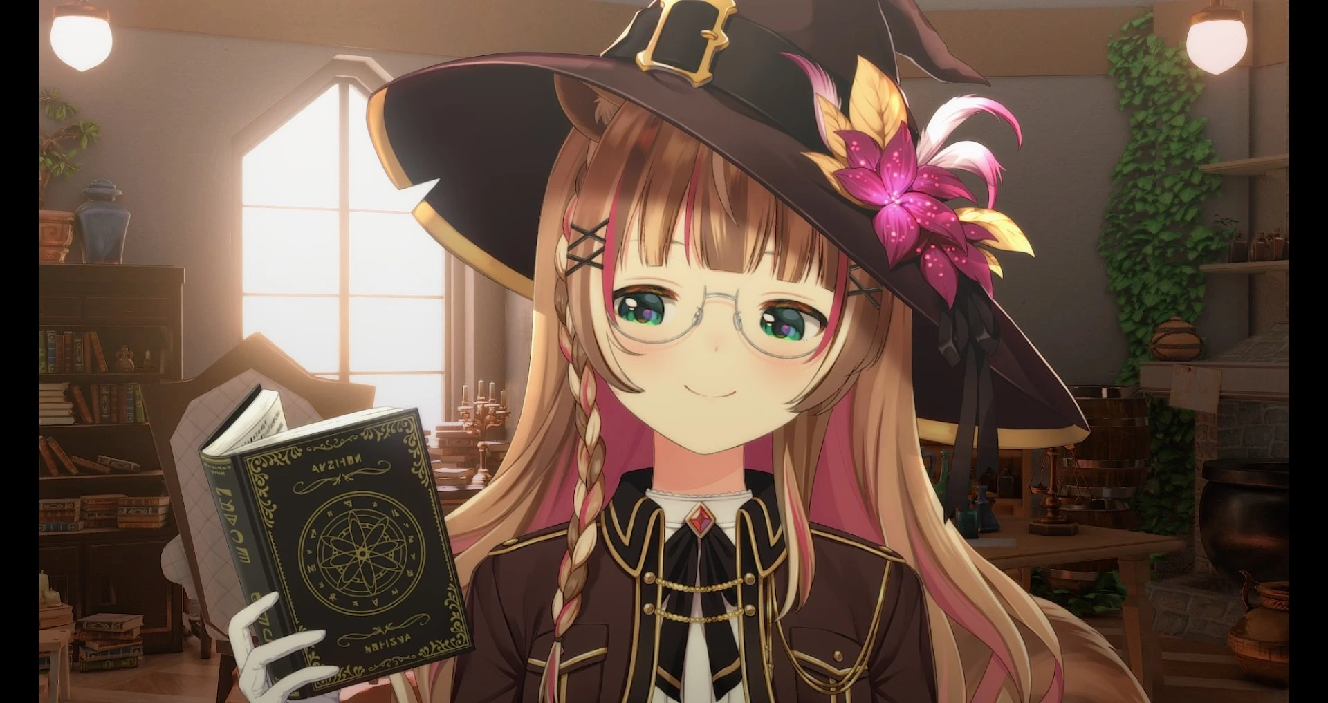 Long hairstyle, glasses, and a book
