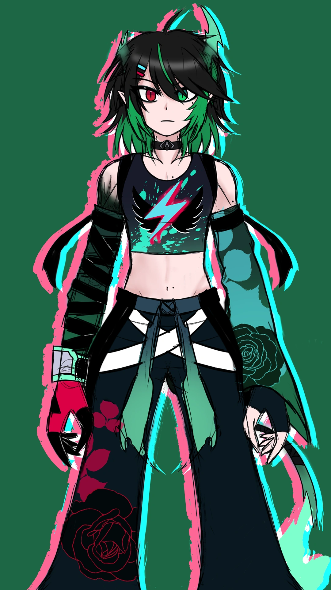 Midori Alexiel as they appear in their electric rose outfit for they're VRoid model, drawn by Alexiel.