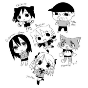 A collage of black-and-white chibi depictions of Beatani's channel's characters