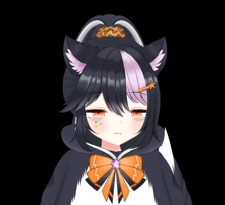 Tob's skunk outfit with ponytail.