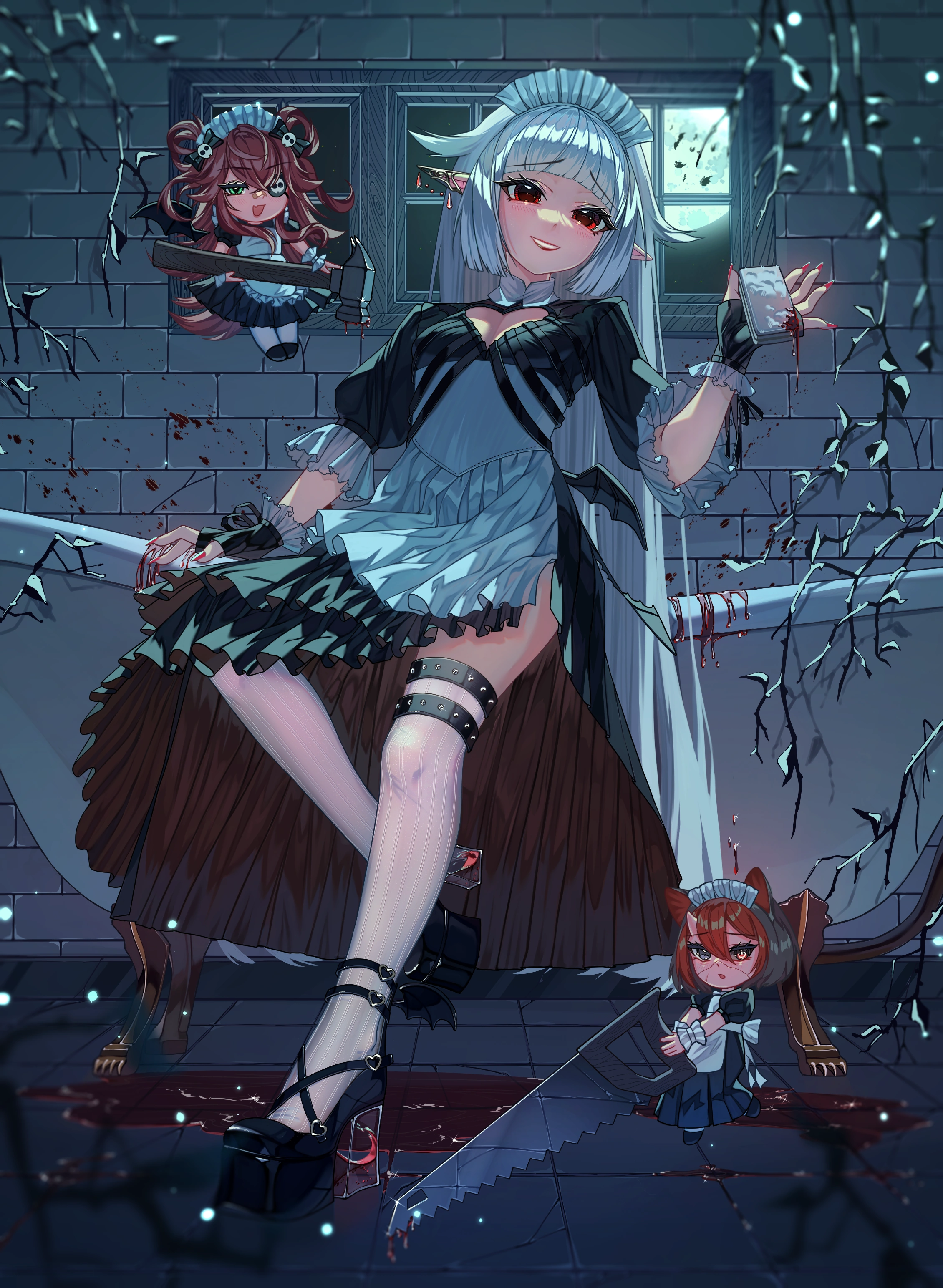 Art for the Maid RuVtubers project, where I participated as a reference to ZINE.1 Miliray Brick is the main figure, and I'm below with my beta design featuring a saw.