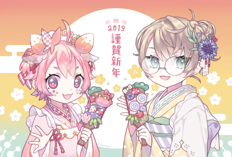 Ushimi Ichigo and Yaguruma Rine New Year 2019 Illustration<br>by Chiruki