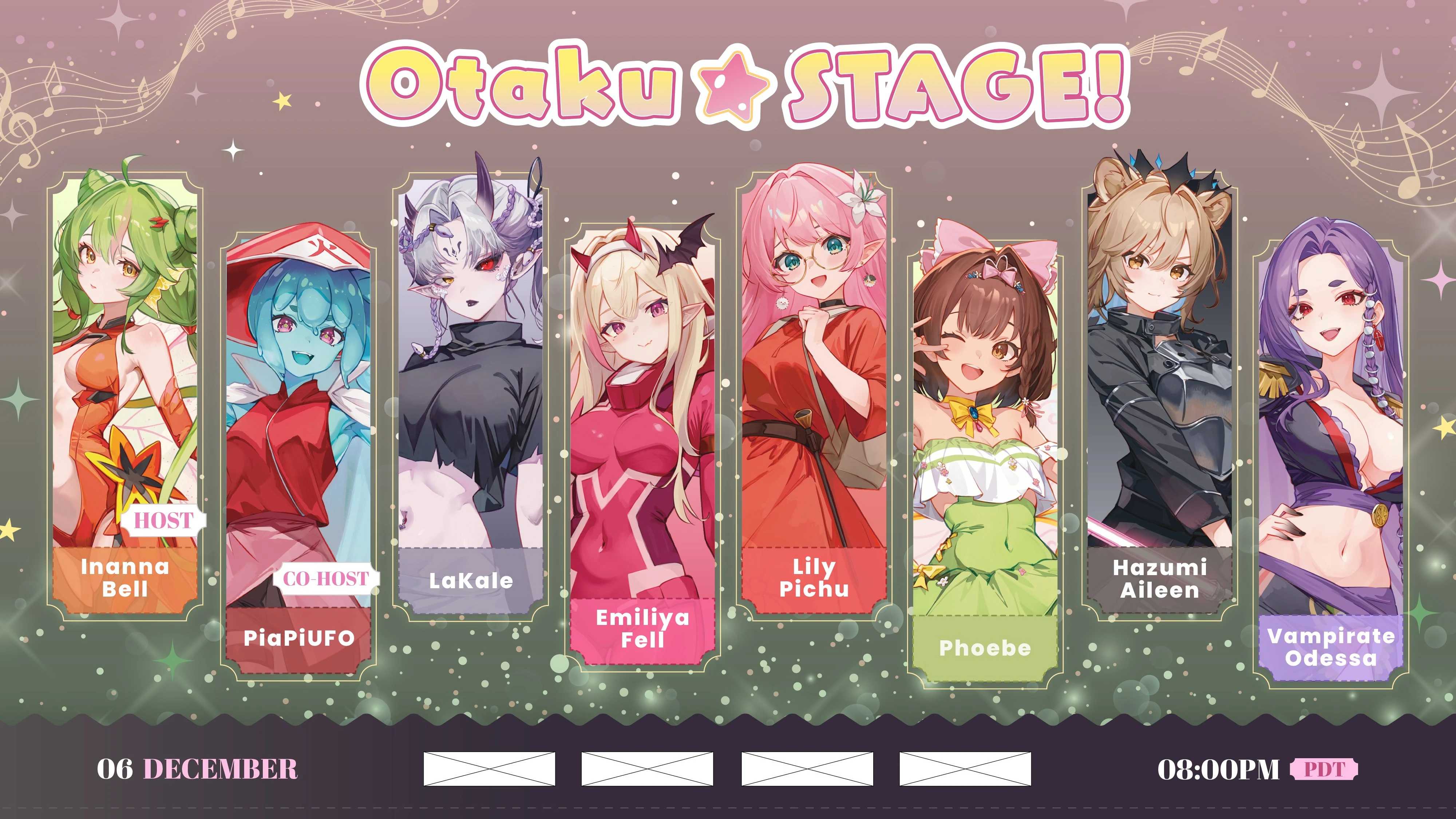 Ensemble art of the performers at the OTAKU STAGE 3D concert, art by Neckless and graphic by monarune