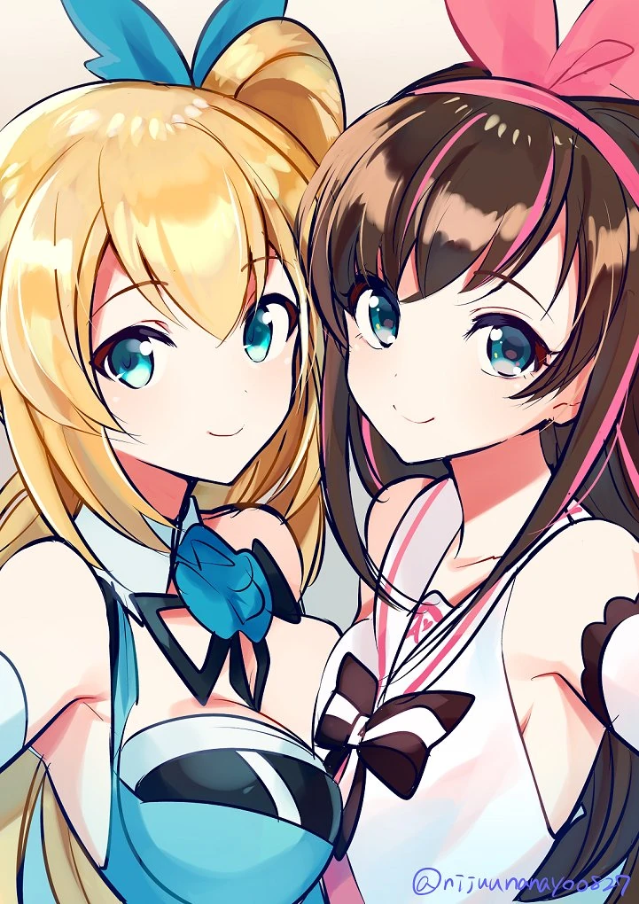 Kizuna Ai and [[Mirai Akari]]<br>by [https://twitter.com/nijuunanayo0827/status/970677307491807232 Ninahachi]