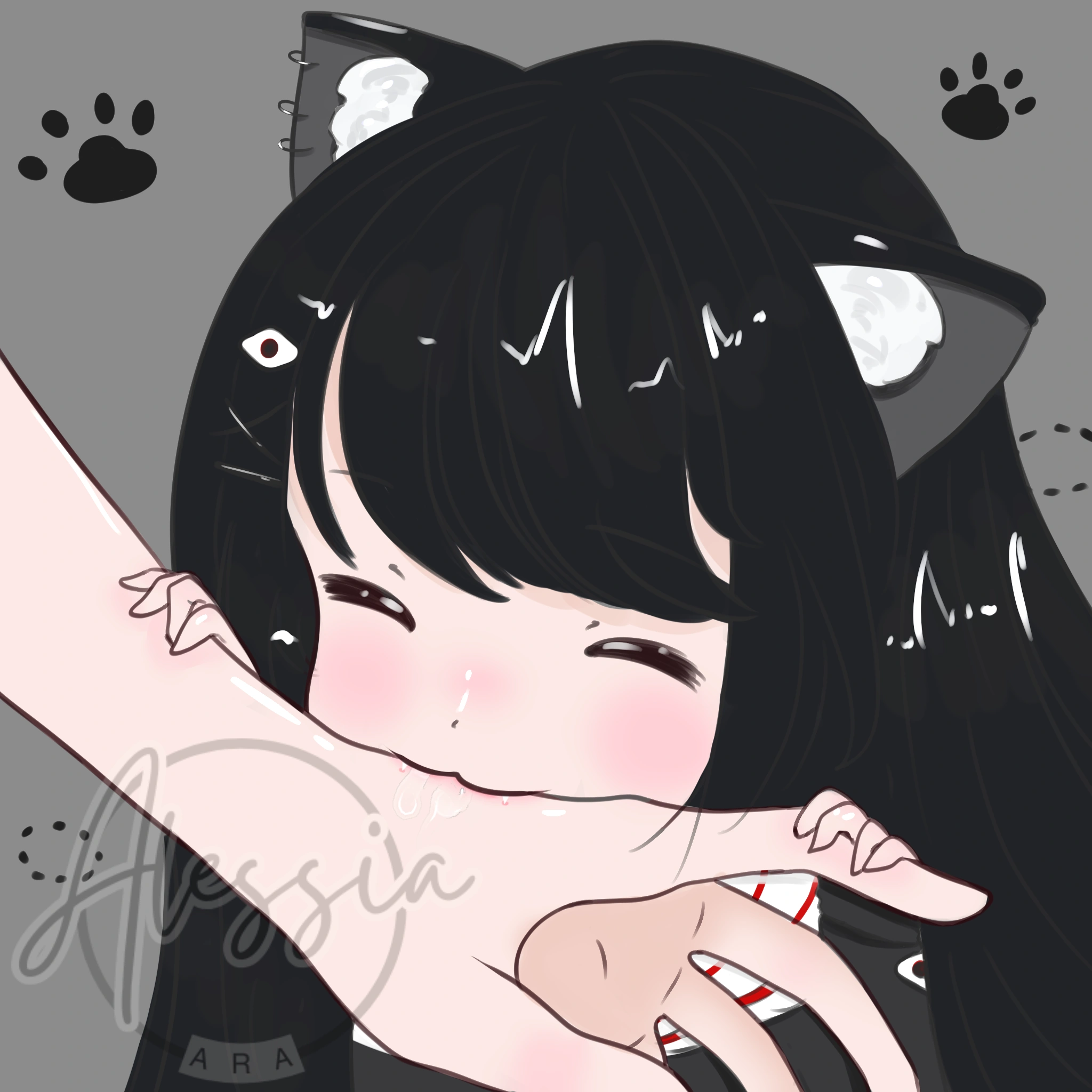 Alessia as a chibi nekomimi, biting someone's hand. (AlessiaAra)