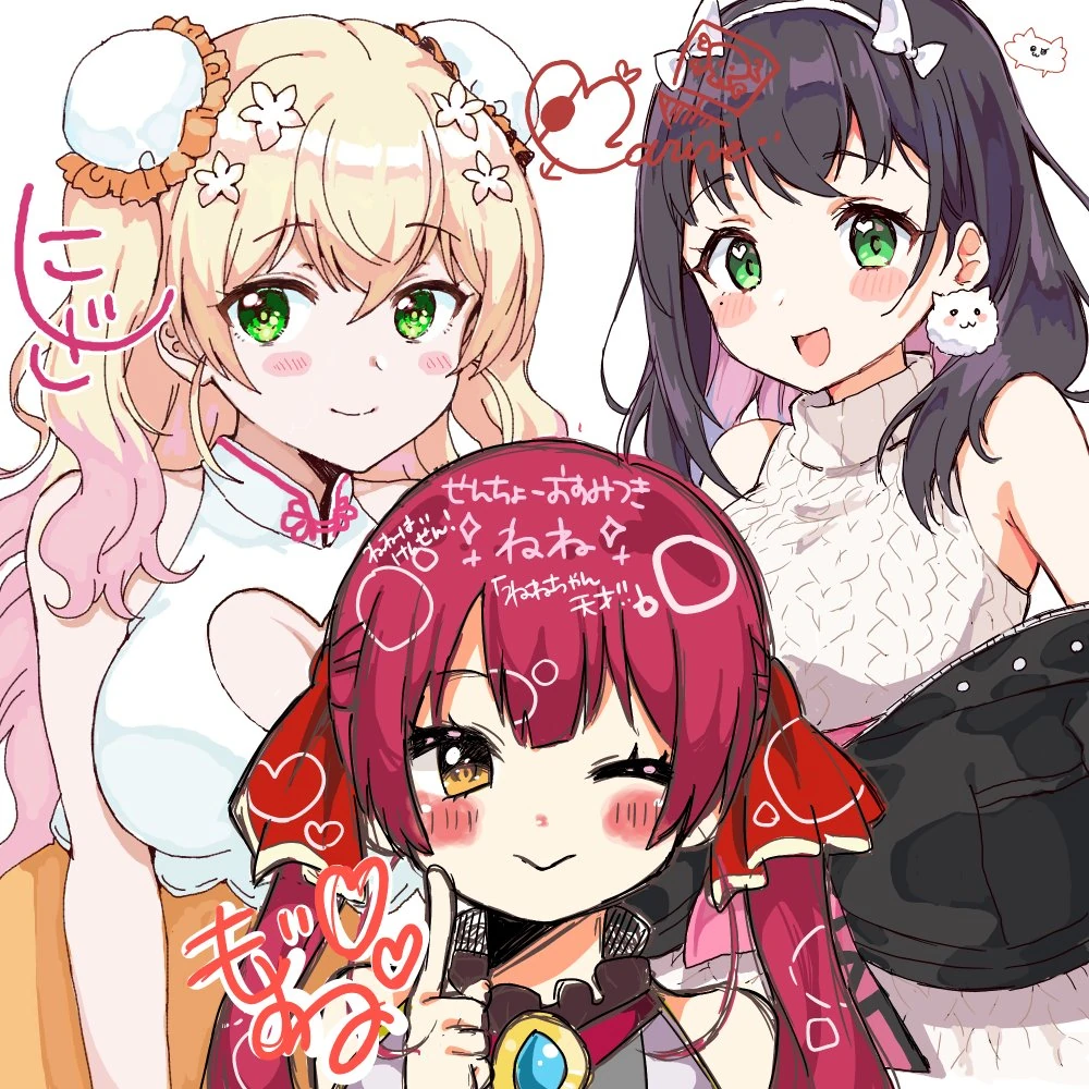 Houshou Marine, Momosuzu Nene and Nishizaa-san drawing collab <small>(Nene by Nishizaa-san, Nishizaa-san by Marine, Marine by Nene)</small>
