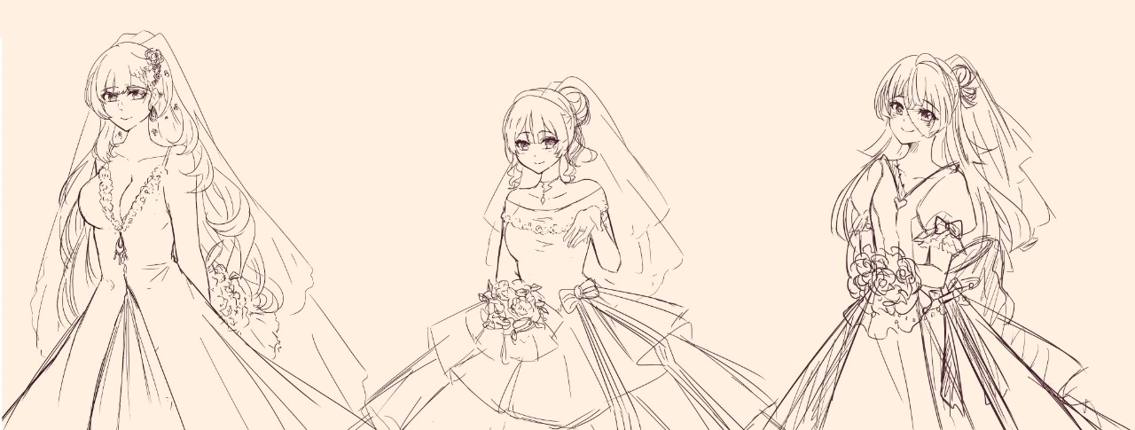Pavolia Reine, Anya Melfissa and Kureiji Ollie in Wedding Dress Sketch