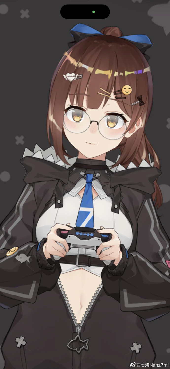 With glasses, ponytail, and controller