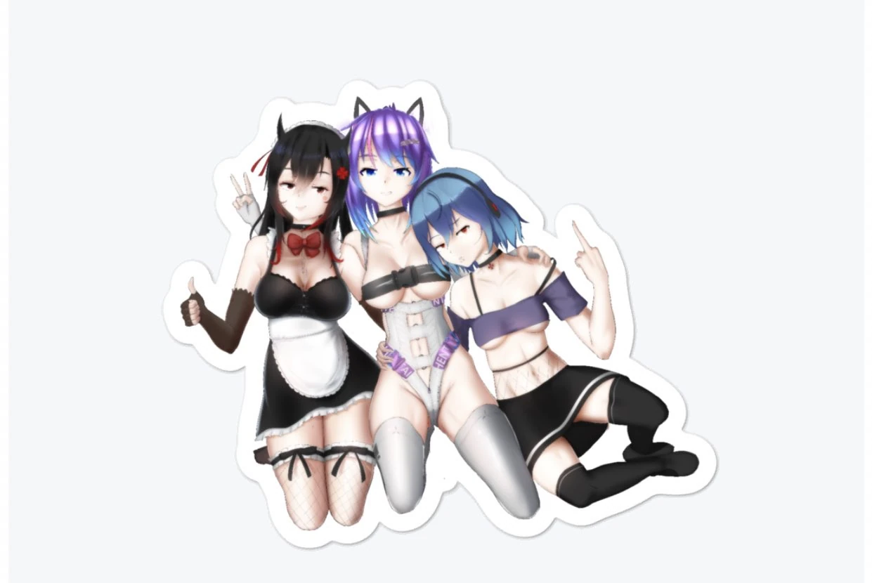Covfefe-chan's merchandise illustration featuring (from left to right) Comdost, Melody and Covfefe-chan (by Comdost)