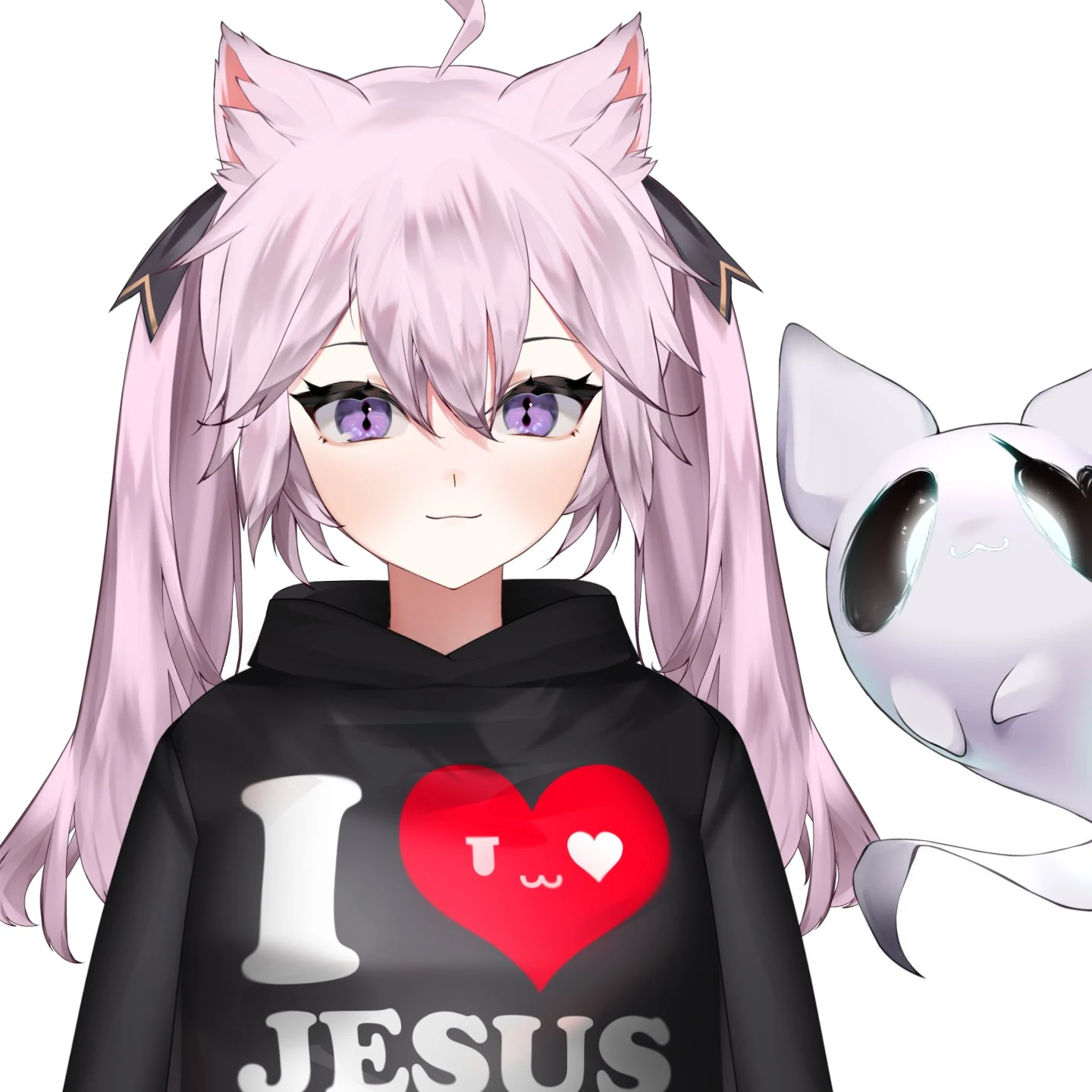 Censored version of Dark Messenger model due to Twitch, wearing an "I ❤️ Jesus" shirt.