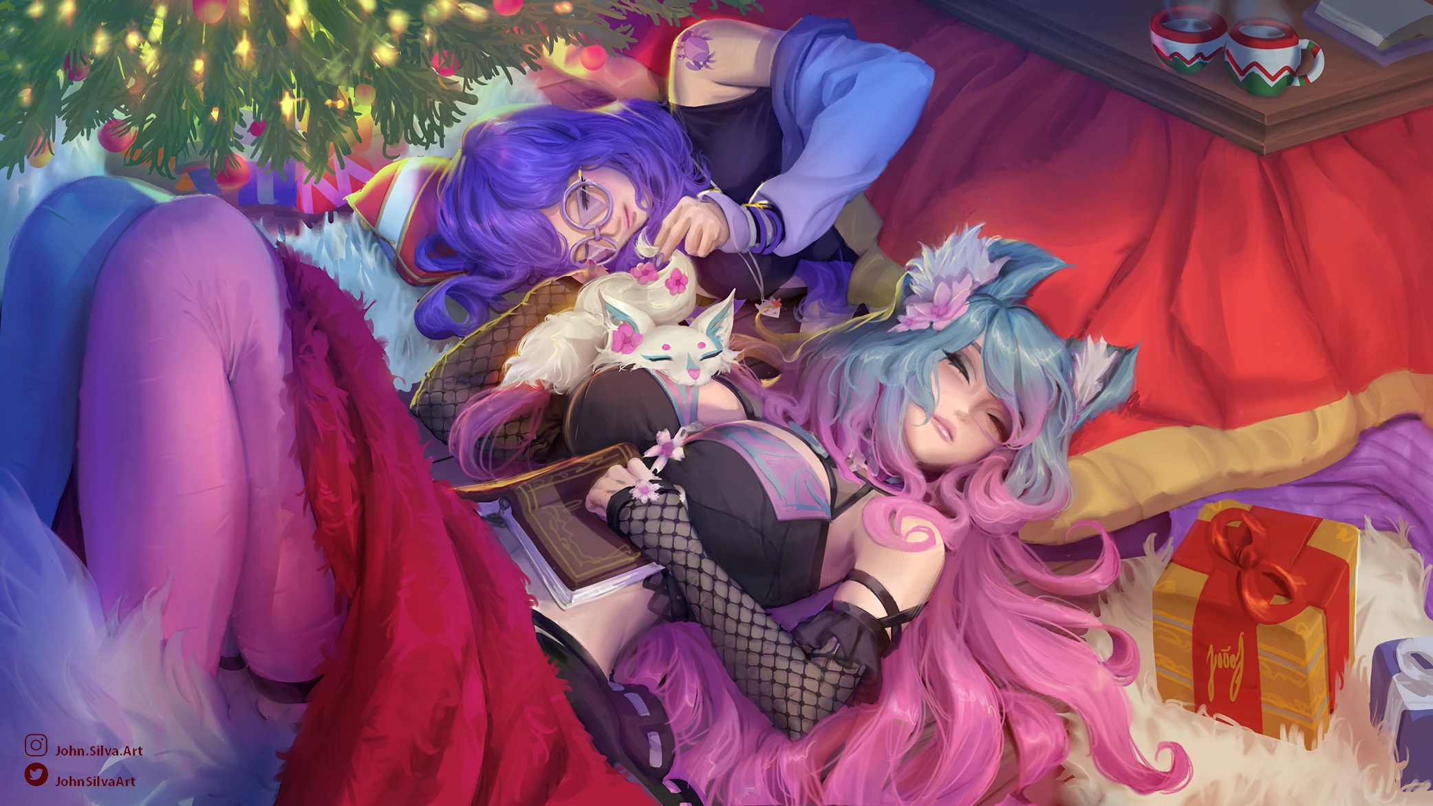 Sleeping by a Christmas tree with Mamavale & mascot wolf, Daiya. Commissioned art from John Silva as a present to her mother. by JohnSilvaArt