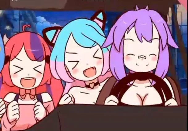 Ironmouse, Silvervale, and Projekt Melody rocking out in a car. Art from Fefe's channel.