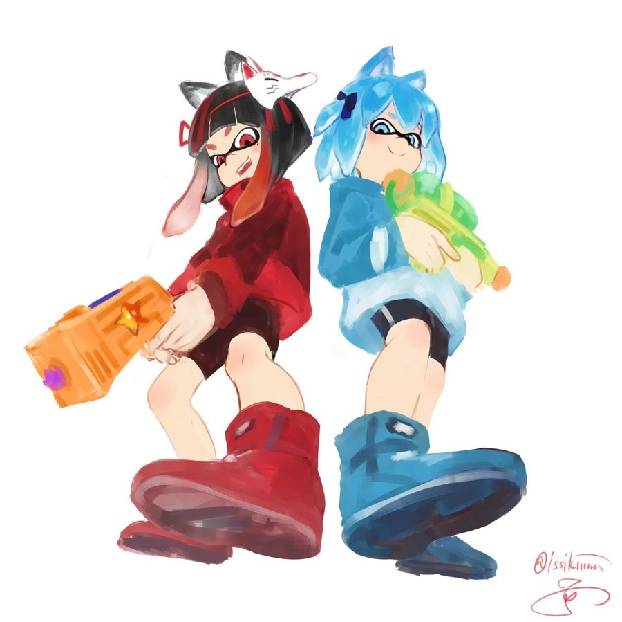 Inari Kuromu and Souya Ichika Splatoon Illustration<br>by [https://x.com/issikiiiiiii/status/1066558806396551168 Issiki]