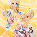 A Rin and a Len Dollfie Doll wearing full graphic LIVE Happi 10th Anniversary Rin and Len ver.