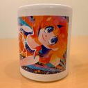 Close up of the front of the Mirai Komachi Mug prize featuring artwork from the song "future beat"