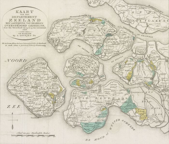 Kaart van het Departement Zeeland met aanwijzing van deszelfs overstroomd gedeelte, door den watervloed van 14 en 16 van Louwmaand 1808.