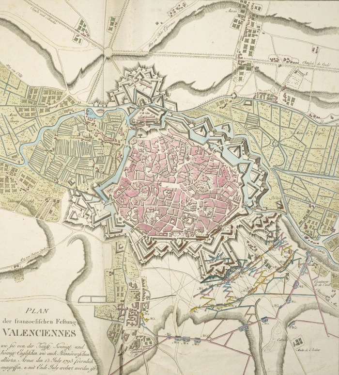 Plan der franzoesischen Festung Valenciennes wie sie von der Kaysl. Koenigl. und Koenigl. Englischen, wie auch Hannöverischen alliirten Armee den 13 July 1793 foermlich angegriffen, u. mit Ende July erobert worden ist.