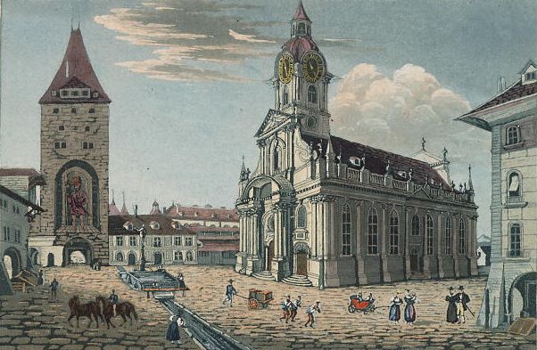 Vue de l'Eglise du St. Esprit et de la Tour grand Christophe à Bern.