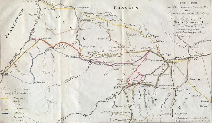 Umgehung der Österreichischen Armee in Ulm durch die grosse Französische Armee unter Kaiser Napoleon I. im Jahre 1805.