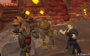 Jeremy, the scrap town defense bots including Skully