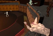Klaatu watching Meowkat dancing before a match in the Battle Arena