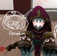 Arcadum standing next to a caricature of himself