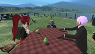 A goblin like person nicknamed "Mr Ballsacks" (Bagel serenades them with some music