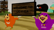 Legoman and Fredsoldaten holding a sign that says "Welcome To Uganda"