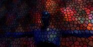 Blue Man through stained glass