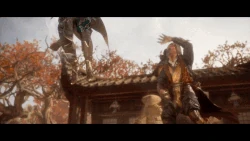 Shang Tsung does multiple gestures, raising hell from below.