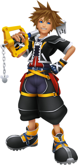 Kingdom hearts 2 sora and roxas facing back to back with the oathkeeper  keyblade in the middle