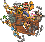 Bowser alongside Bowser Junior and the 7 Koopalings on one of his airships.