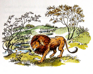 "The Lion was pacing to and fro about that empty land and singing his new song. It was softer and more lilting than the song by which he had called up the stars and the sun; a gentle, rippling music. And as he walked and sang the valley grew green with grass. It spread out from the Lion like a pool. It ran up the sides of the little hills like a wave. In a few minutes it was creeping up the lower slopes of the distant mountains, making that young world every moment softer. The light wind could now be heard ruffling the grass. Soon there were other things besides grass. The higher slopes grew dark with heather. Patches of rougher and more bristling green appeared in the valley. Digory did not know what they were until one began coming up quite close to him. It was a little, spiky thing that threw out dozens of arms and covered these arms with green and grew larger at the rate of about an inch every two seconds. There were dozens of these things all round him now. When they were nearly as tall as himself he saw what they were. "Trees!" he exclaimed."