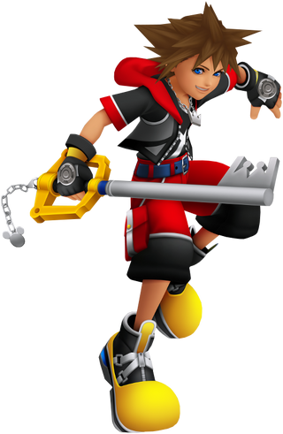 Kingdom hearts 2 sora and roxas facing back to back with the oathkeeper  keyblade in the middle