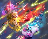 Artwork with Kirby & co. against the Three Mage-Sisters