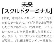 Future [Skuld Terminal] (未来~スクルドターミナル~): A layer that controls the “future”, is the terminal from which it goes. It is based on the result of simulating the future of the Digital World of Yggdrasil. It is the highest layer reflecting what occurred in Ulud and Versandi.