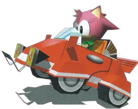 Amy driving in her red racing car
