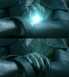 Kadaj, a remnant of Sephiroth, absorbs Materia directly in his arm