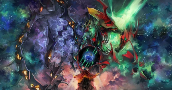 The Tengen Toppa Gurren Lagann battles the Granzeboma at the edge of the multiverse