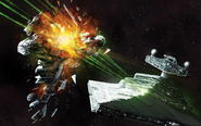 An Impstar-Deuce obliterates an EF76 Nebulon-B escort frigate with her axial turbolasers.